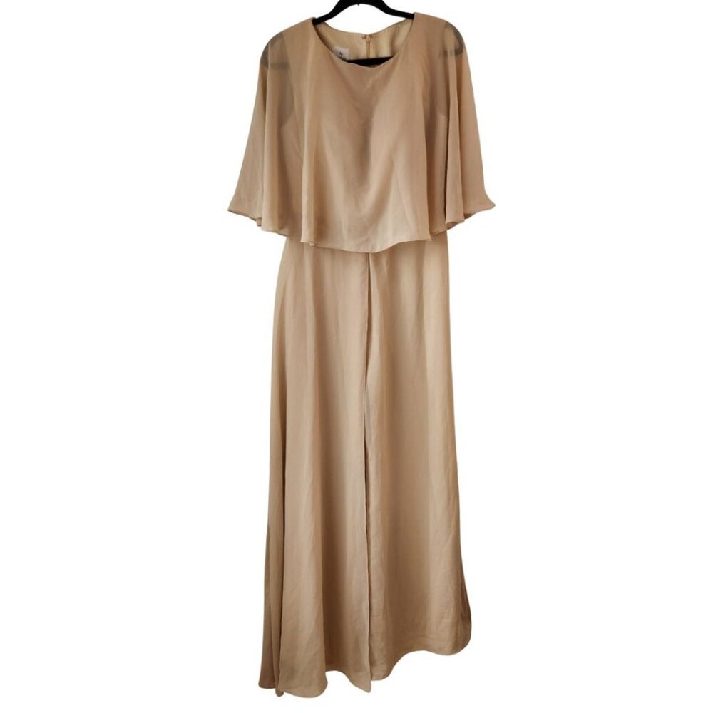Elegant Beige Wide-Leg Jumpsuit with Cape Overlay